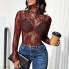 Женские топы с воротником-стойкой, длинными рукавами, облегающие блузки, сексуальные прозрачные сетчатые рубашки с цветочной вышивкой
