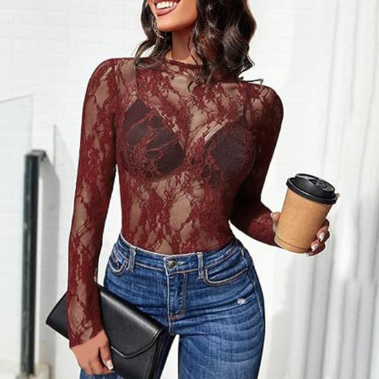 Женские топы с воротником-стойкой, длинными рукавами, облегающие блузки, сексуальные прозрачные сетчатые рубашки с цветочной вышивкой