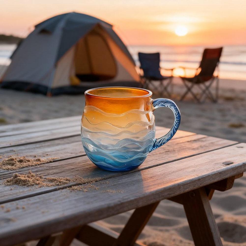 350 мл Ручная работа Закат Океан Стеклянная кружка Для послеобеденного чая Офисная кружка Уникальный дизайн Оранжевый Градиент Синий Отправка ложек