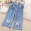 Летний тонкий стиль для девочек Новая детская одежда Летний стиль для девочек Разрезанные джинсовые брюки-кюлоты с широкими штанинами