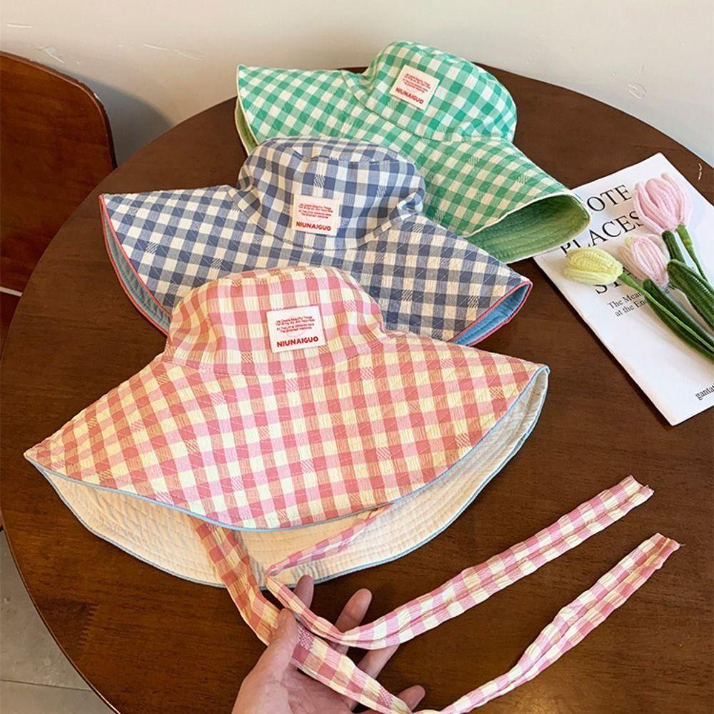 Summer Sunscreen Hat Tie Strap Fisherman Caps Korean Plaid Bucket Cap  Outdoor