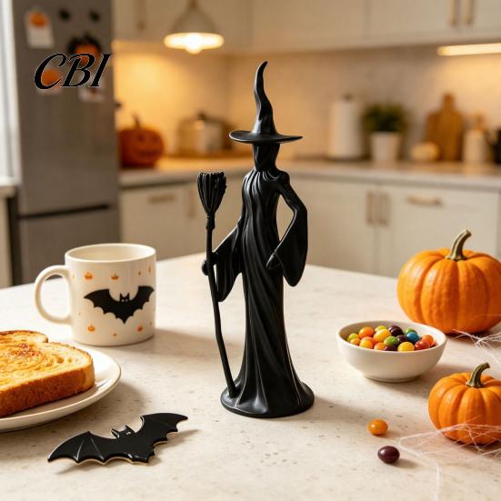 Indoor Outdoor Yard Decor Cute Witch Cat Resin Figurine, Halloween Garden Statue, Spooky Home Collectible Figures Ornaments for Patio Balcony
