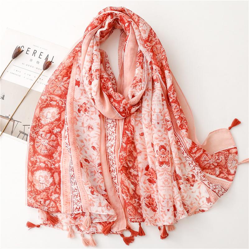 Cherry Blossom Print Scarf for Women - Lightweight, Sheer Polyester Shawl with Red Cherry & Leaf Design, Perfect for Spring & Summer Outings
