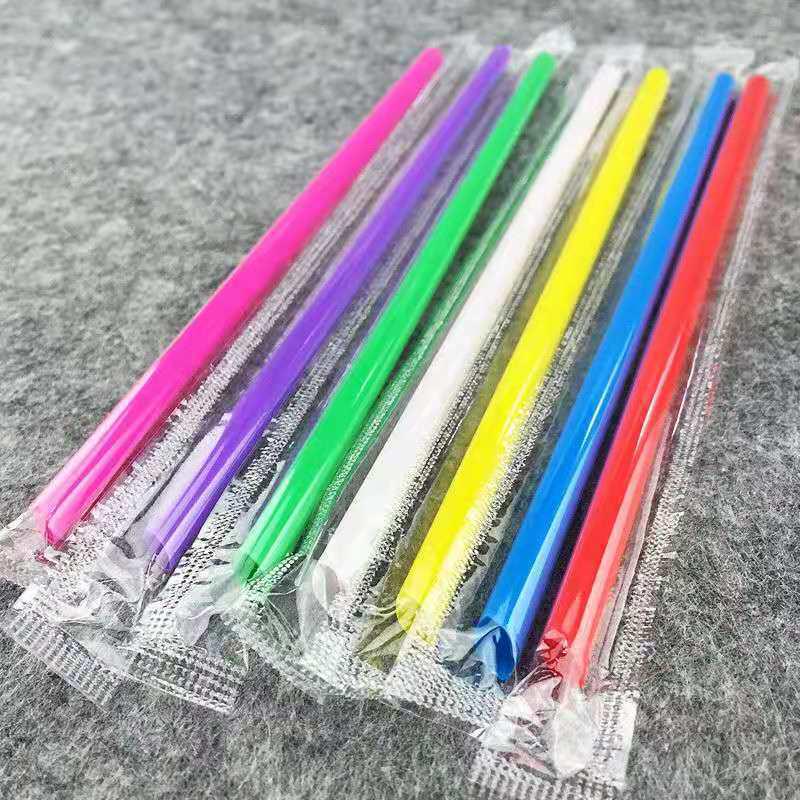 Eco-Friendly Colored Transparent Hard Tip Straws - Individually Wrapped, Disposable, Straight, Thin, for Soy Milk and Juice