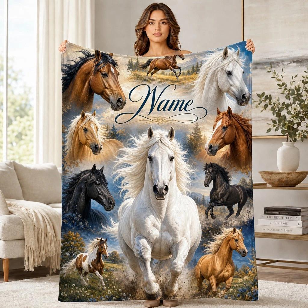 White Horse Collage Coral Fleece Blanket Equestrian Wall Art Decor