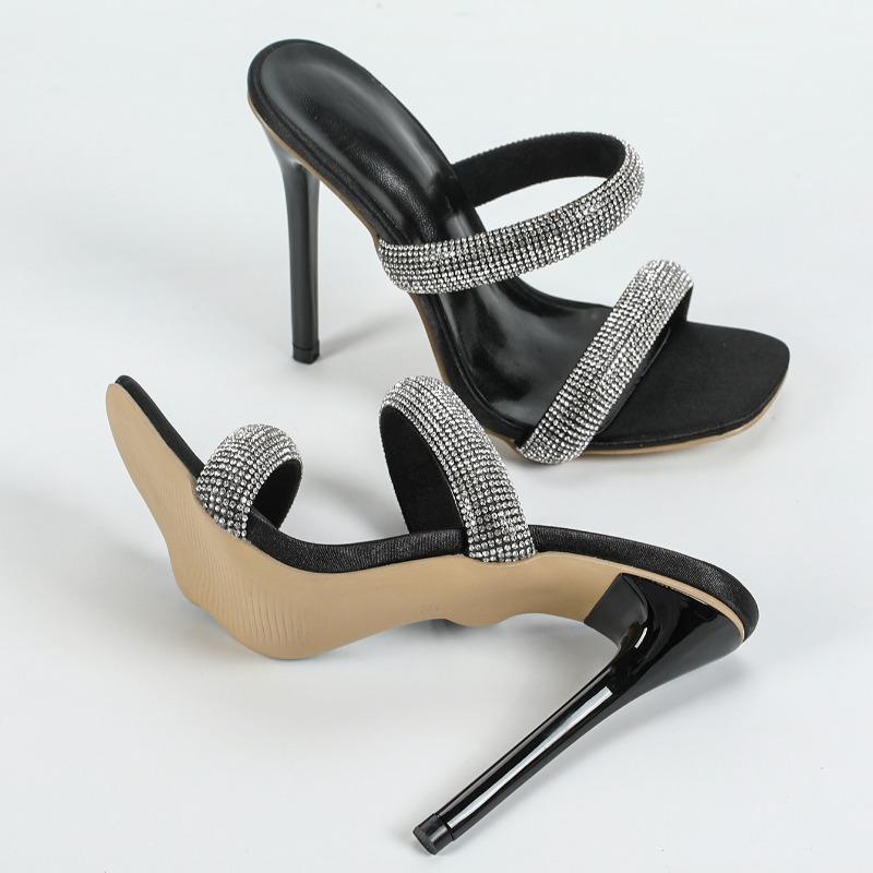 Summer Fashion Crystal Rhinestone Women Slippers Sandals Outdoors Street Sexy Square Toe High Heels Stripper Shoes Zapatos Mujer
