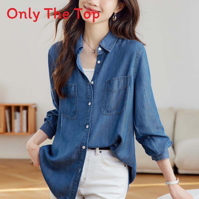 Tencel Denim Blue Shirt For Women Long Sleeve Casual Office Wear With Wrinklefree Technology