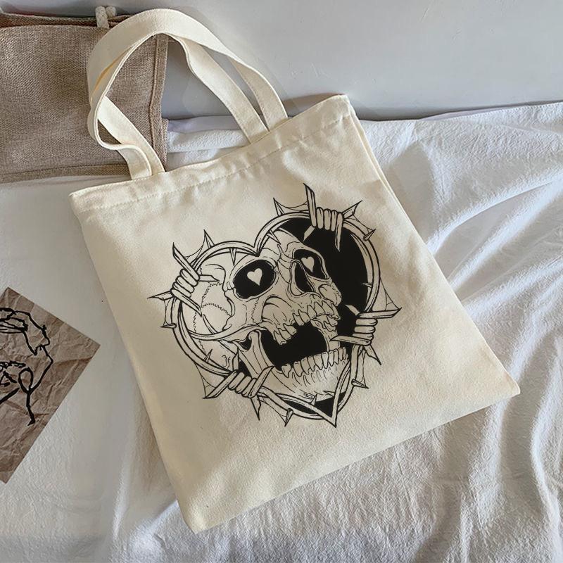 Женская сумка через плечо с готическим демоном и принтом High Street, холщовая сумка с черепом y2k, винтажная сумка-тоут, большая вместительная темная сумка для покупок в стиле хип-хоп
