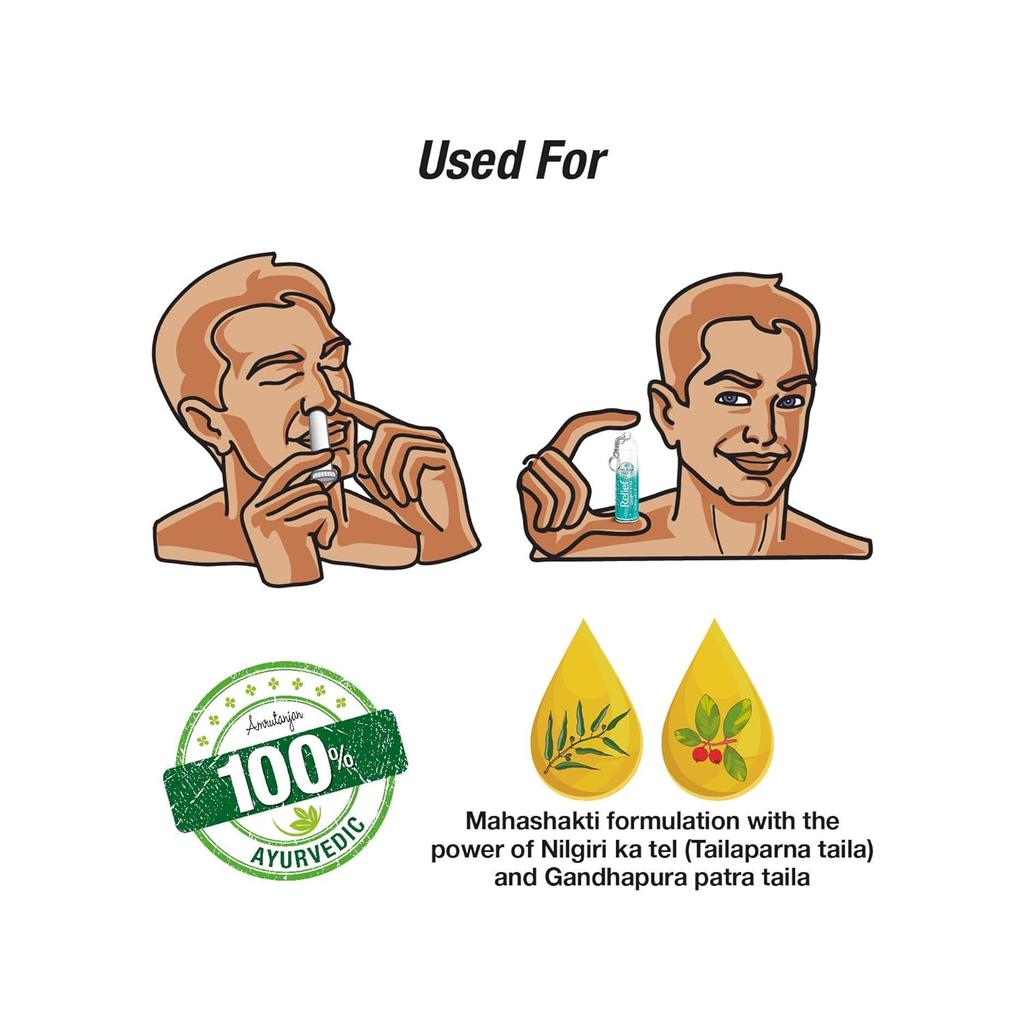 Ингалятор назальный Amrutanjan Relief 0,75 г Упаковка из 4 штук | Быстрая поддержка при заложенности носа | Портативный аромастик для свободного дыхания и ощущения свежести