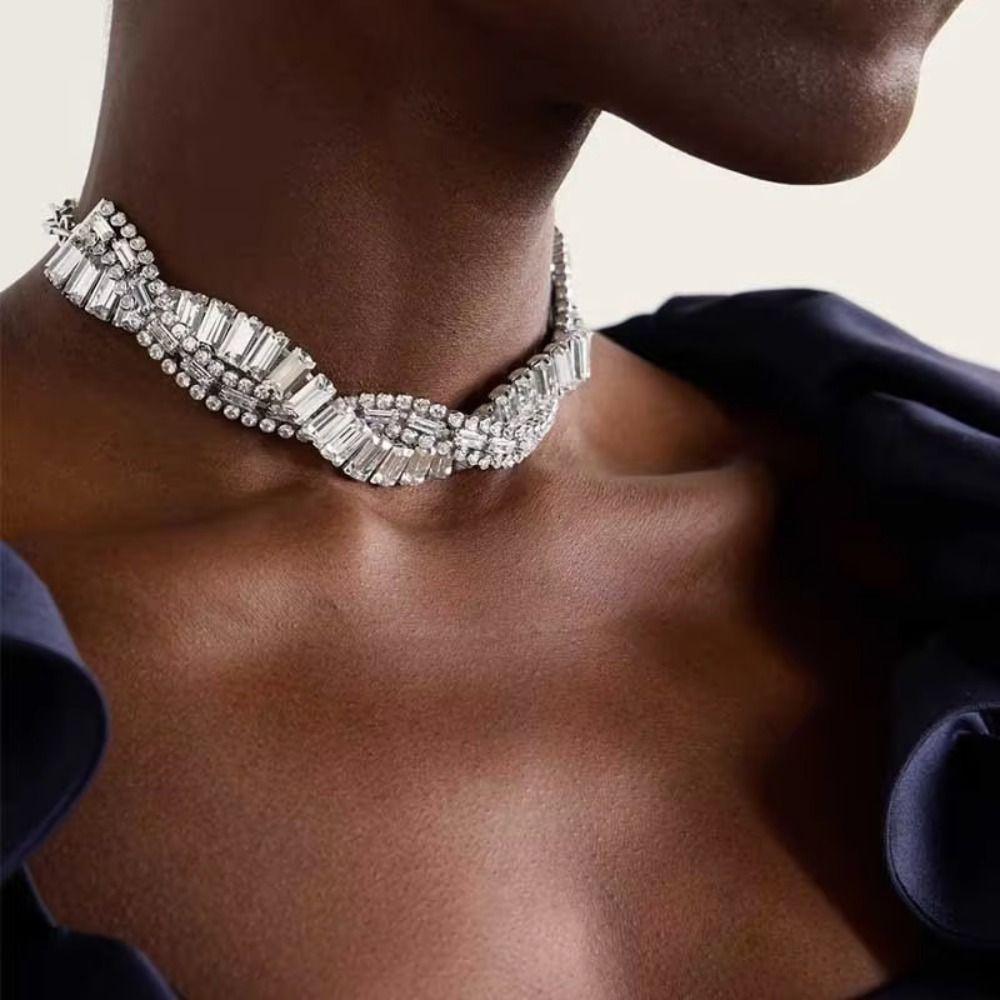 Multi-Row Geometric Crystal Choker Necklaces Luxury Trendy Weave Necklaces  Fashion Accessories