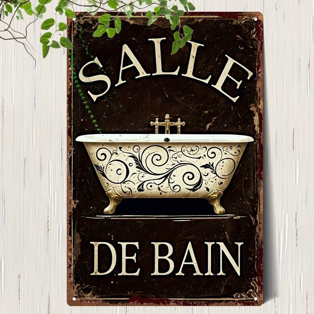 2D Flat - Vintage Metal Wall Sign - "Salle De Bain" Floral Bathtub Design, 8x12 Inch Rustic Iron Plaque for Home, Bathroom, Cafe