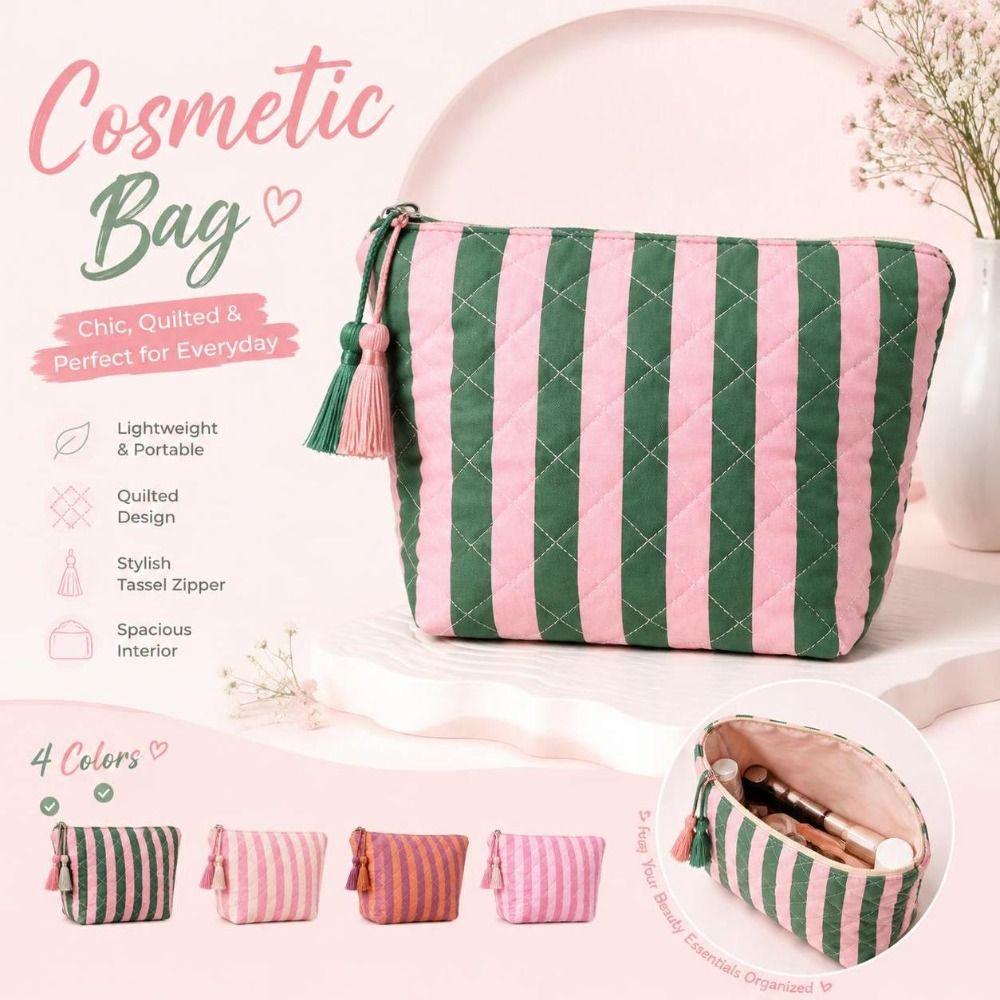 with Tassel Toiletry Pouch Striped Makeup Organizer Portable Travel Pouch Daily Use