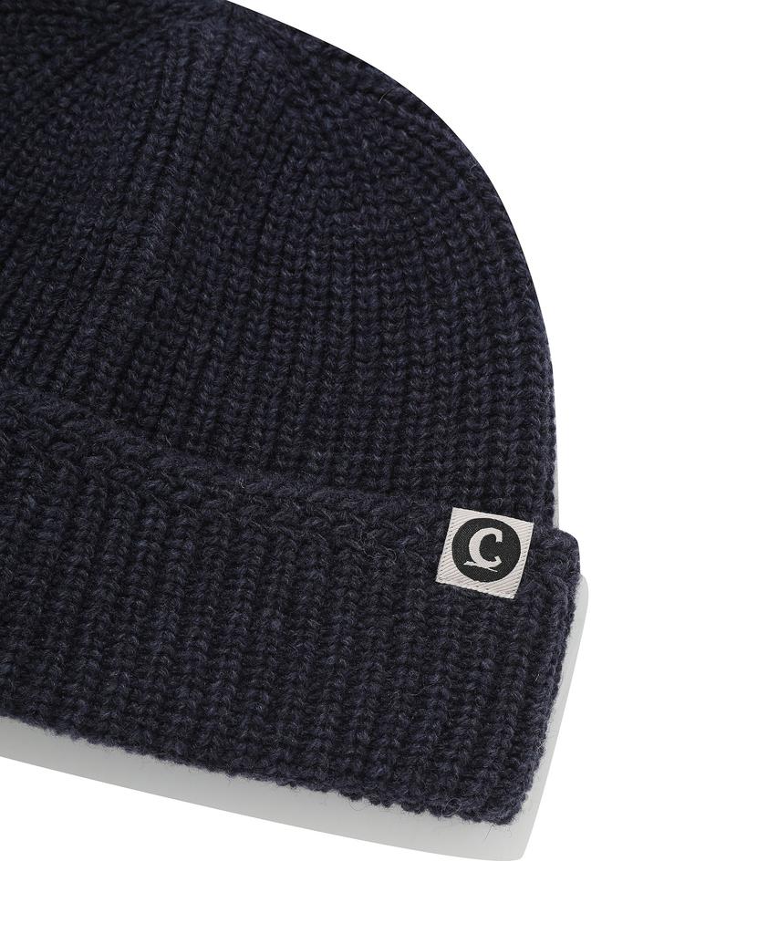 COVERNAT Logo Label Lambswool Short Beanie Melange Navy