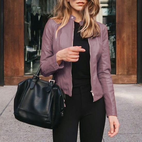 Женская осенне-весенняя куртка из гладкой искусственной кожи, сплошной цвет, на молнии с длинным рукавом, ветрозащитный воротник-стойка, облегающее женское мотоциклетное пальто