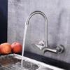 Kitchen Faucet Sprayer Stainless Steel Double Hole Wall Mount Cold and Hot Faucet Balcony Rotating Sink Water Faucet Taps