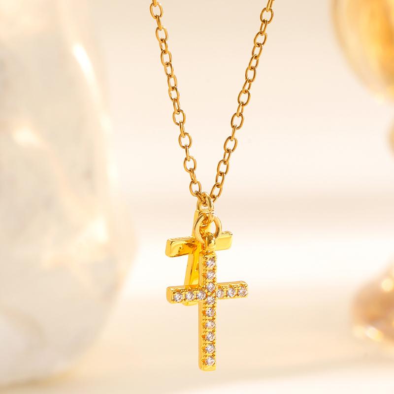 Luxury Stainless Steel Double-Layer Cross Pendant Necklace for Women Shiny Cubic Zirconia Geometric Clavicle Chain Daily Jewelry
