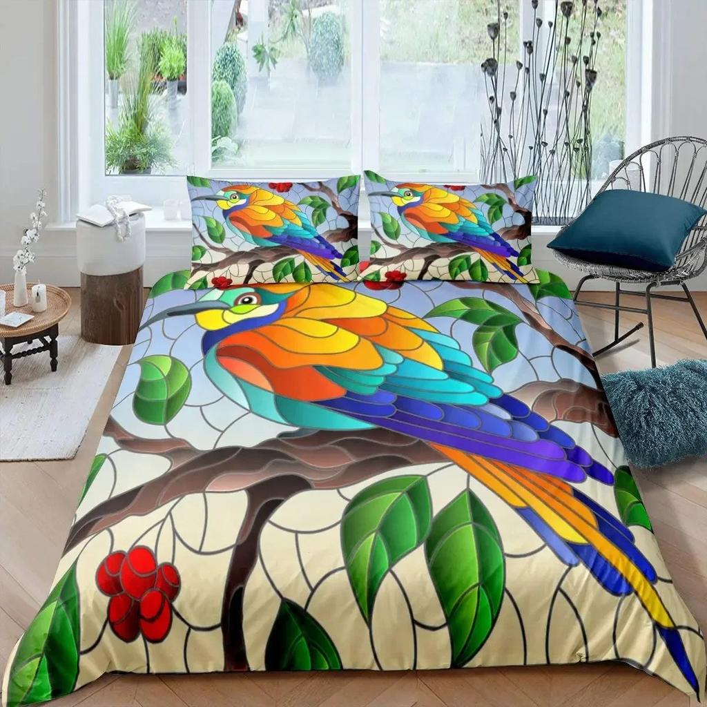 Tropical Birds Duvet Cover Watercolor Hummingbird Flowers Twin Bedclothes Exotic Wildlife White Abstract Polyester Qulit Cover