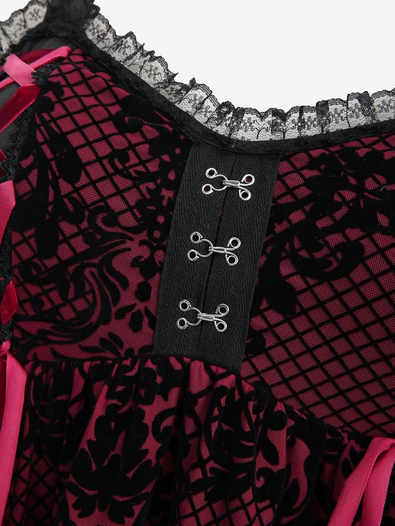 Rosegal Плюс Размер Клетчатый Цветочный Флокированный Топ на Шнуровке Асимметричная Кружевная Отделка Майка