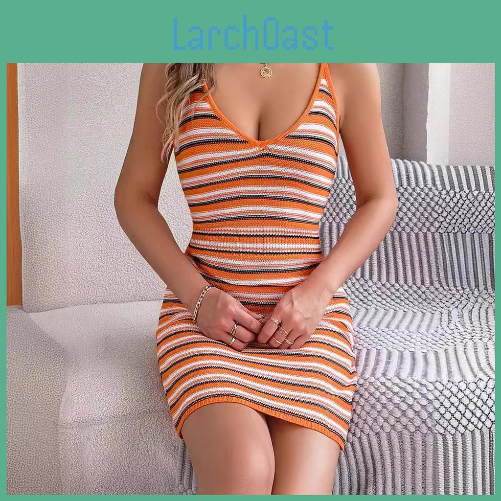V Women Neck Autumn Winter Sleeveless Stripe Hollow Out Woolen Loose Mini Dress