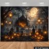 2D planar Halloween-themed background fabric, featuring Gothic spired castle, full moon, dark clouds, bats, and tombstones
