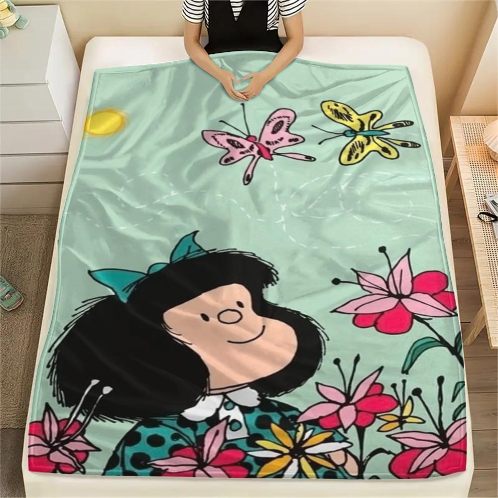1PC Mafalda Print Flannel Blanket, High quality Comfortable for All Seasons, Home Decor, Warmth and Comfort, Perfect for Christmas Gifts 80