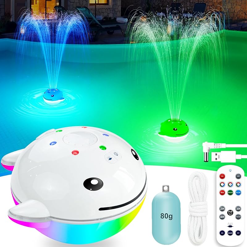 Floating Pool Fountain with Remote, Whale Pool Fountain with Lights, Rechargeable Pool Water Fountain, Above Ground Pool Fountain Waterfall, Swimming
