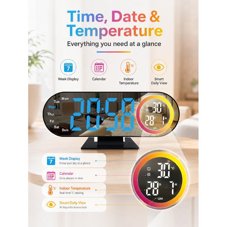 RGB Color Digital Alarm Clock Large LED Mirror Display Temperature Humidity Week Date Dimmable Brightness Bedroom Desk Clock2
