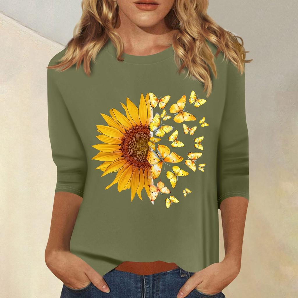 Женская мода повседневный принтованный топ с семью рукавами и круглым вырезом