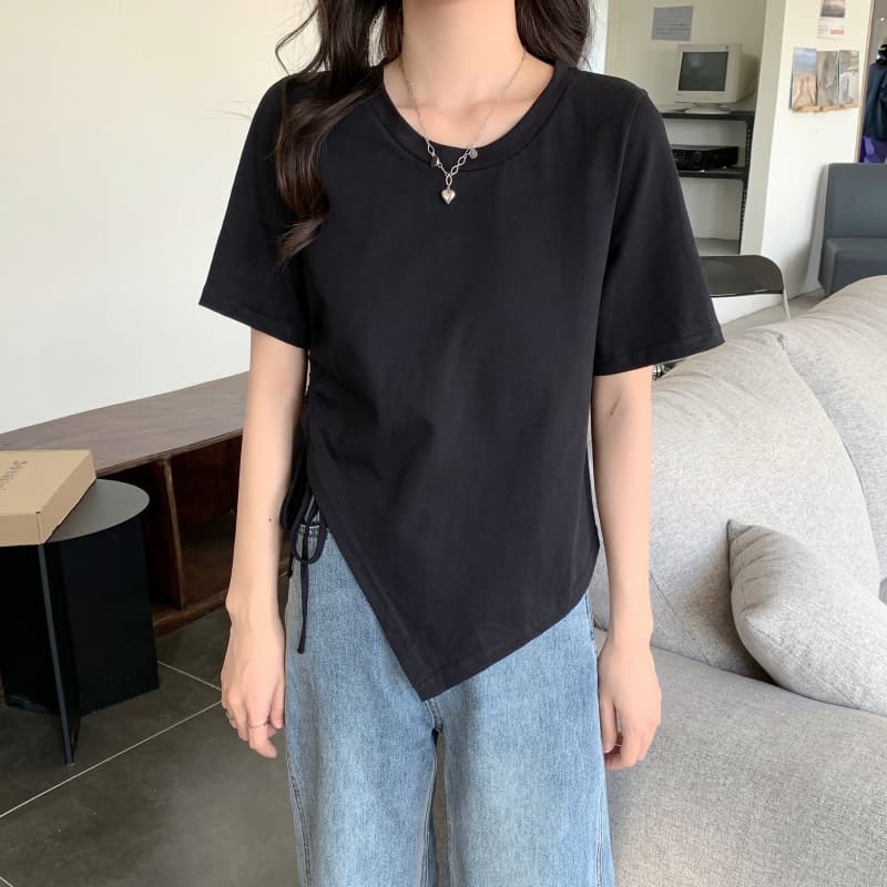 Летние нерегулярные однотонные футболки Женские футболки с коротким рукавом и круглым вырезом, повседневные, тонкие, эластичные, со шнурком, укороченные топы y2k, женская одежда
