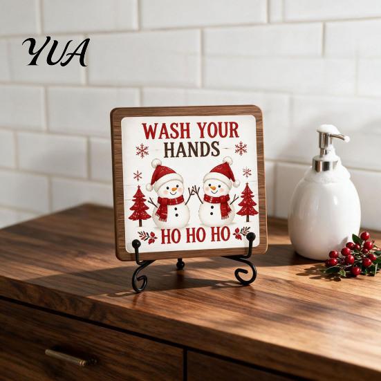 Xmas Party Ornament Christmas Wooden Tabletop Decor, 2D Pet Santa with Iron Stand, Rustic Holiday Sign for Home And Cafe Festive Shelf, Solid