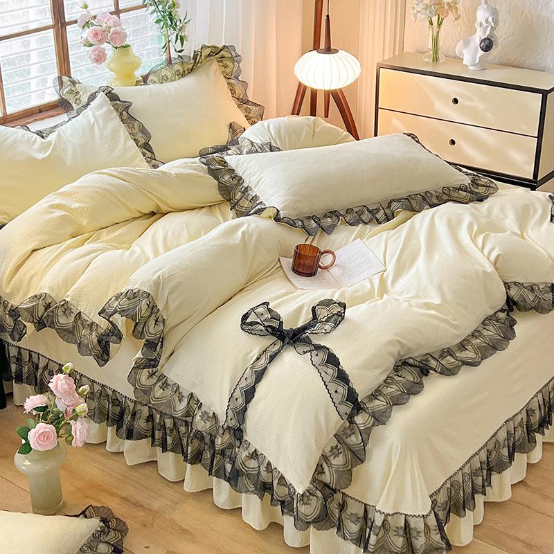 Покрывало из хлопка в стиле принцессы, однотонное, кружевное, стираное, из четырех частей, сирсакер, кружево, двойной пододеяльник