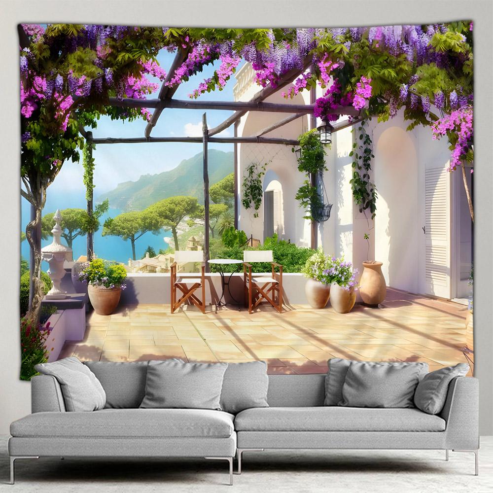 Греция Город Хиппи Гобелен Весенний Цветочный Уличный Гобелен Домашний Двор Патио Настенное Искусство Гостиная Настенный Гобелен
