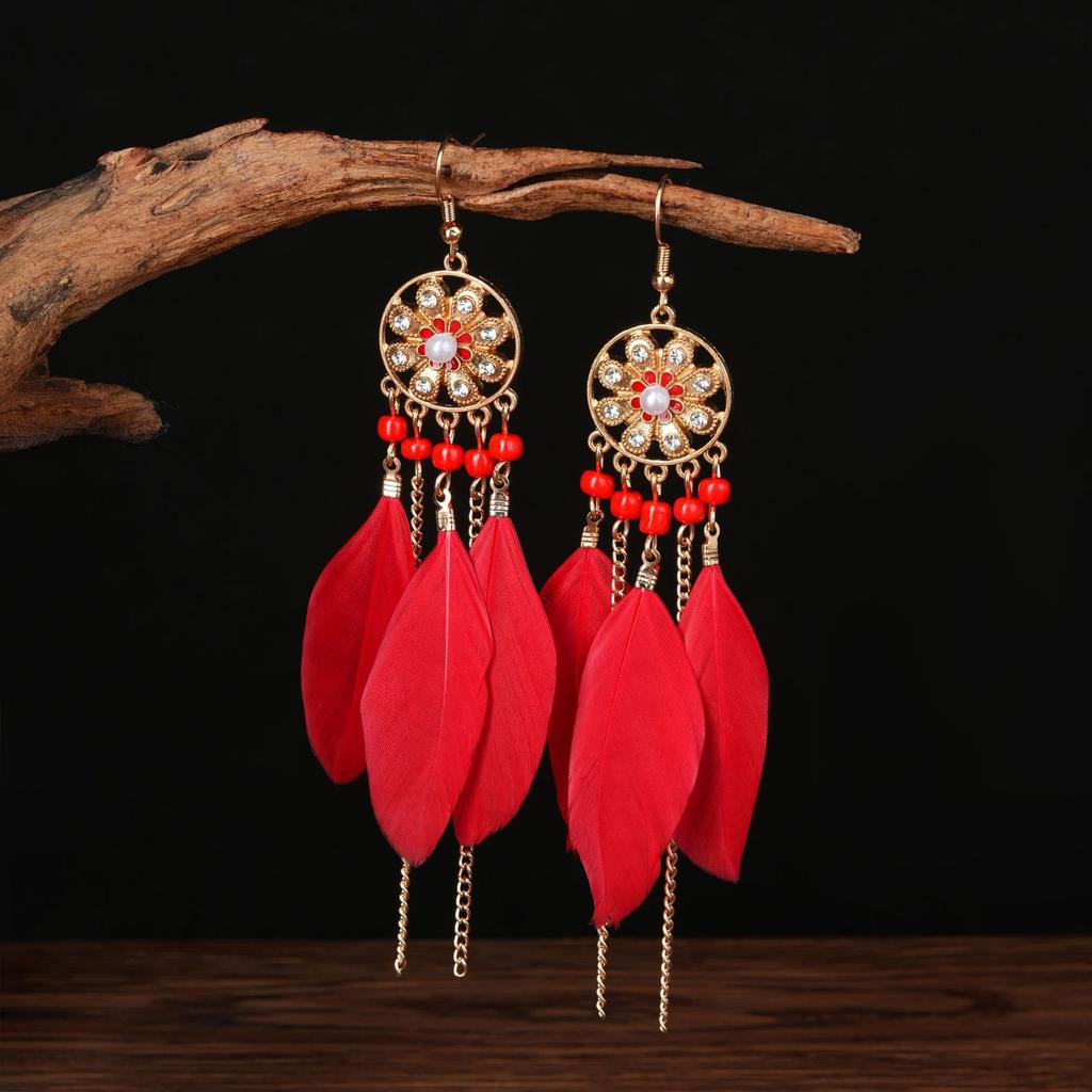 Этнический стиль длинные серьги с перьями и бахромой красные женские модные ретро-серьги в национальном стиле праздничные фотоукрашения