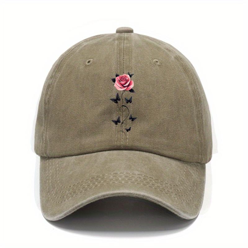 Rose And Butterflies Embroidered Baseball Cap Unisex Washed Outdoor Casual Adjustable Dad Hat