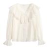Fashion New 2024 Autumn Long Sleeve Lace Ruffles V-Neck Casual Apricot Chiffon Blouse Shirt Women Tops Blouses Shirts J534