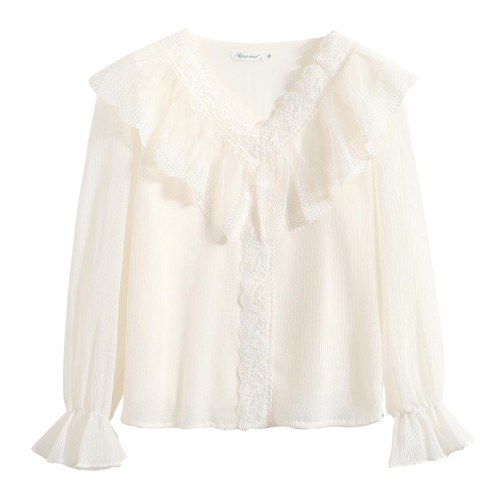 Fashion New 2024 Autumn Long Sleeve Lace Ruffles V-Neck Casual Apricot Chiffon Blouse Shirt Women Tops Blouses Shirts J534