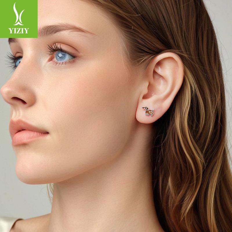 Animal Dachshund Dog Stud Earrings Cute Dog S925 Sterling Silver Oil Stud Earrings