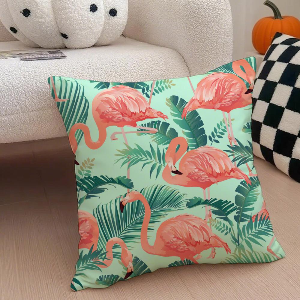 Forest Flamingo Palm Leaves Plant Pattern Art Cushion Cover Throw Pillow Cover Hidden Button Durable Polyester Chair Cushion
