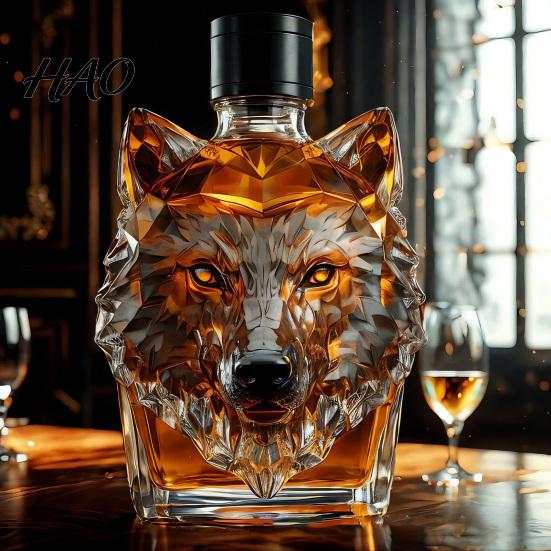 Glass Decanter 300ml Whiskey Bottle Wolf Head Shape High Durable Borosilicate Wine Leak-Proof Seal with Design
