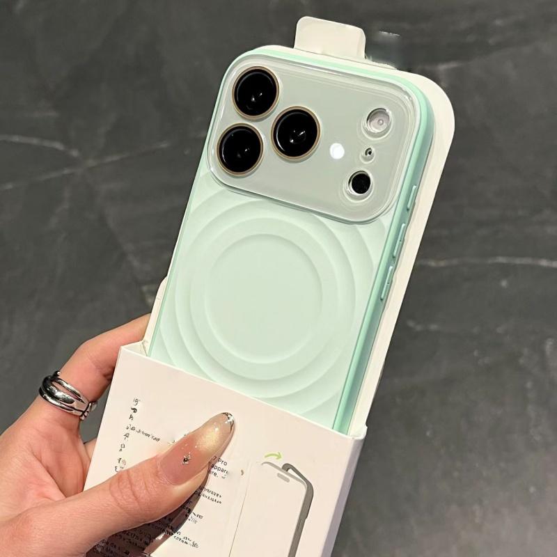 Luxury Solid Color Glossy Camera Case For iPhone 17 16 15 Pro Max For Magsafe Magnet Liquid Wave Pattern Shockproof Candy Cover