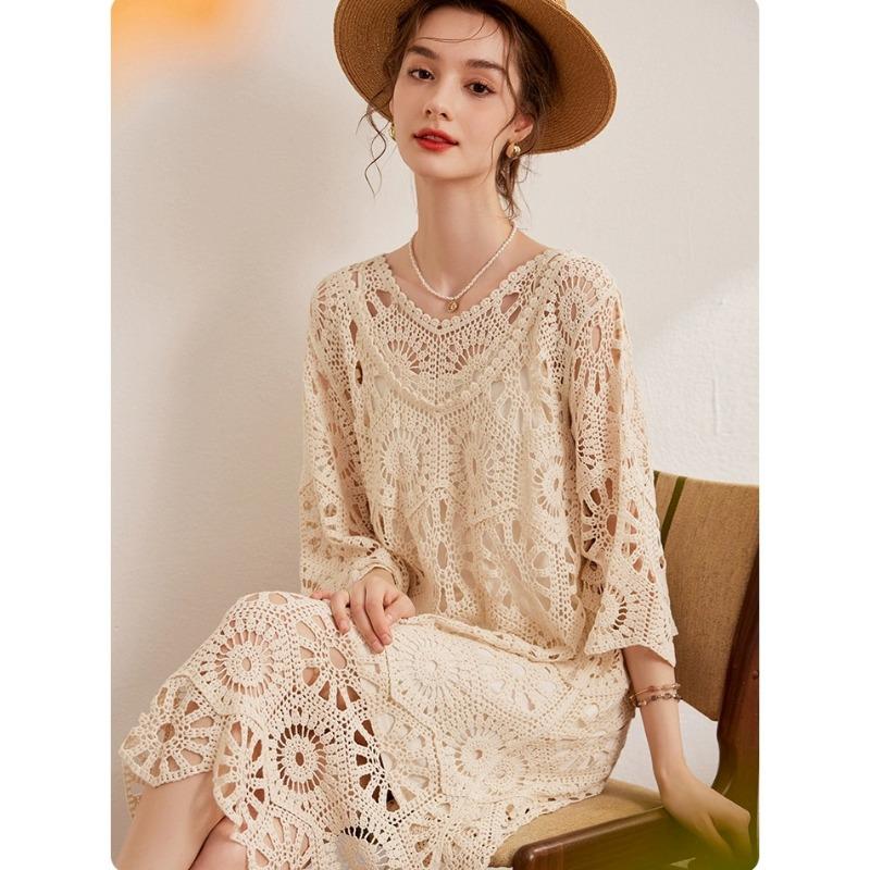 DIMANAF Новое Летнее Женское Длинное Вязаное Платье Рукав Базовое Модное Кружевное Платье Повседневное Свободное 2025 Белое