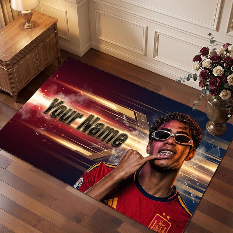 Lamine Yamal Custom Crystal Velvet Rug, Personalized Name Text Print, Football Logo Soft Non‑Slip Floor Mat Home Decor Gift