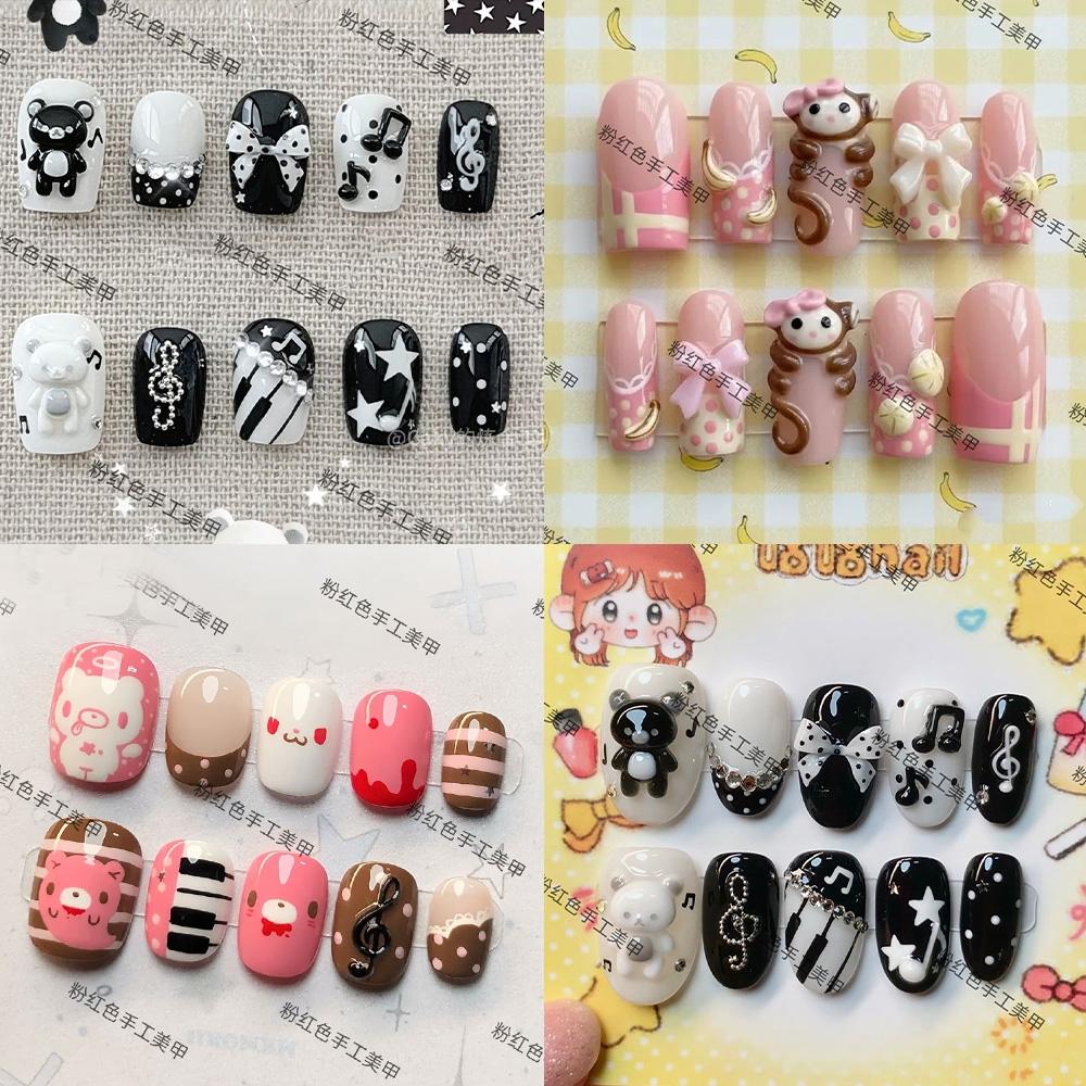 Y2K Retro Pearl Bear 3D Wing Bow Short Press On Nails Fake Nail Tips Party Birthday Gift Accessories