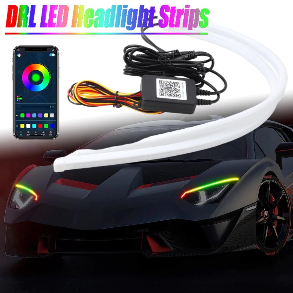 60cm RGB 12V DRL Daytime Running Light APP/RF Remote Control Flowing Turn Signal Lamp LED Headlight Strips For Car Accessory 12V