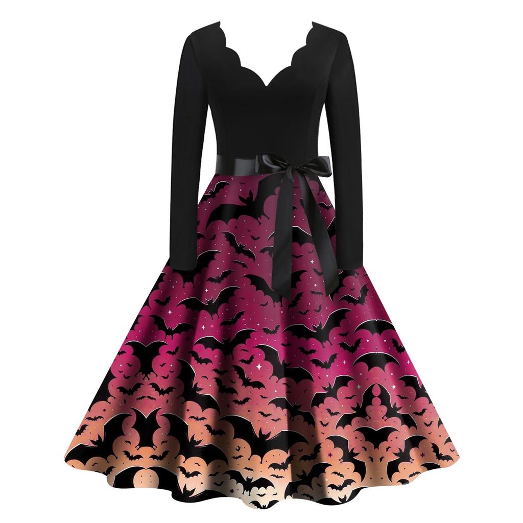 Хэллоуин Женское Повседневное Модное Платье с V-образным Вырезом и Принтом В Винтажном Стиле
