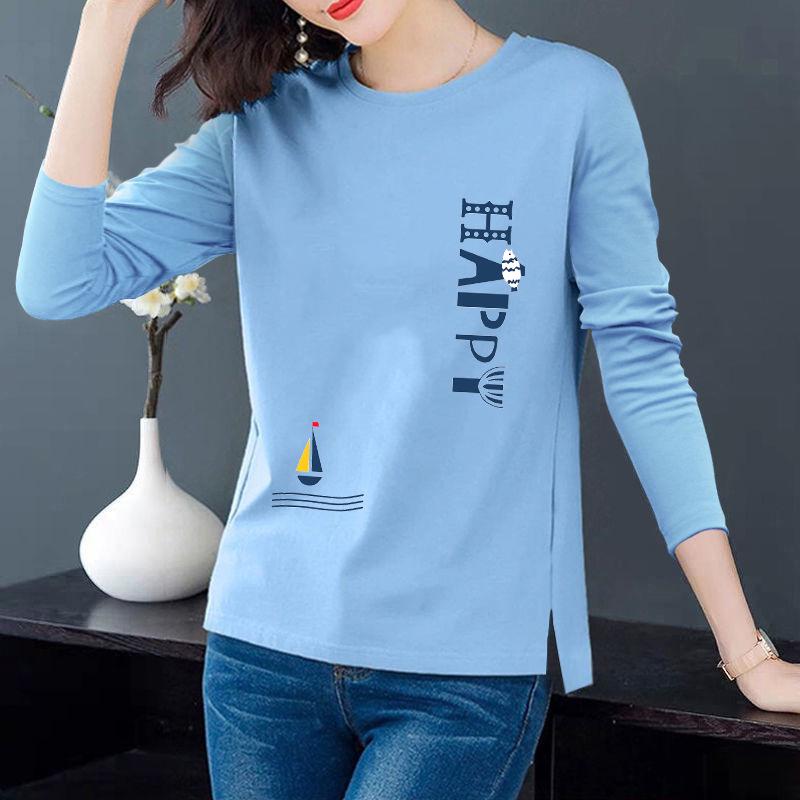 Женская футболка Slim Fit из хлопка с принтом и длинными рукавами - Круглый вырез, разрез по низу