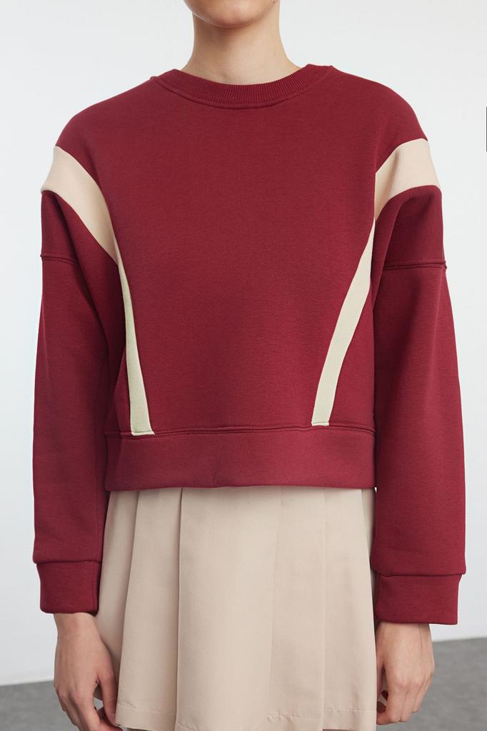 Женская модная стильная толстовка бордового красного цвета с контрастными цветами, обычная, нормального кроя, вязаная толстовка с круглым вырезом