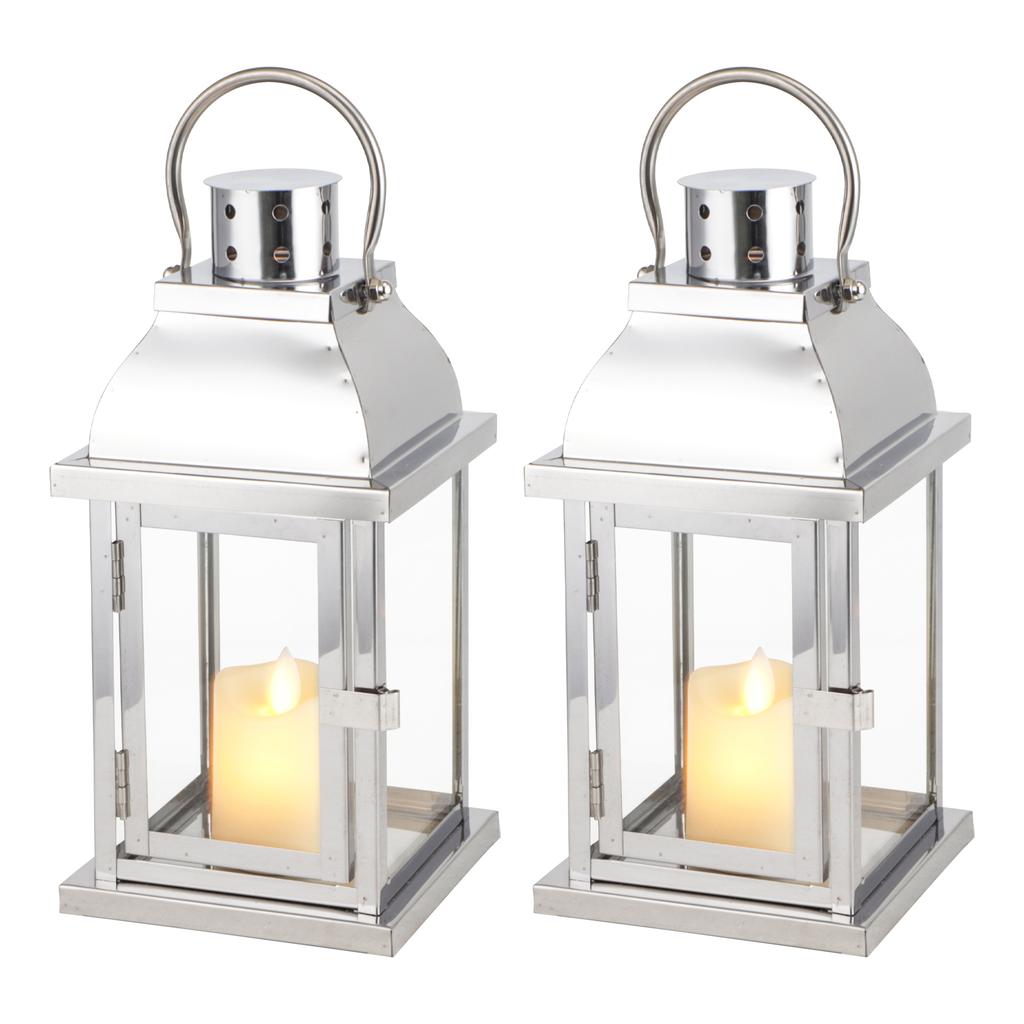 Set Of 2 Stainless Steel 10"H Mini Lantern Momerial Candle Holder For Indoor Outdoor Wedding