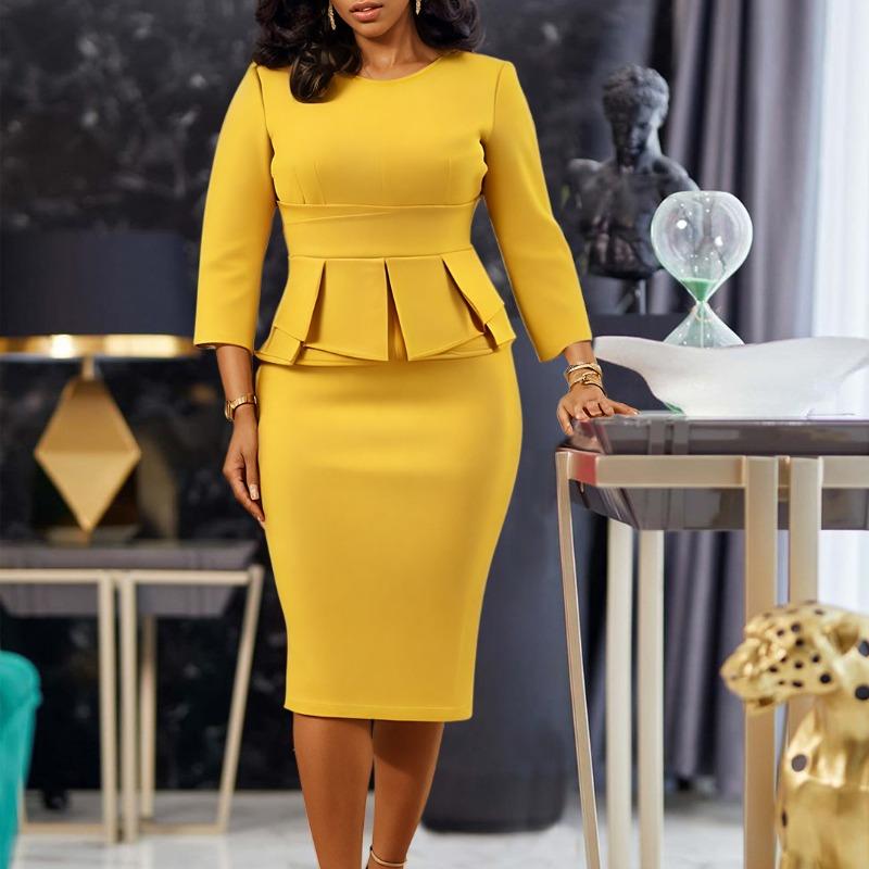 Women's Autumn Round Neck Ruffled Edge Solid Color Cover Buttock Dress