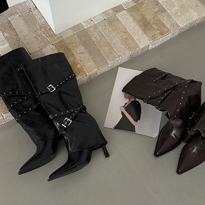 Модные женские длинные сапоги с острым носком для ночного клуба, на высоком каблуке, осенне-зимняя обувь, женские ботильоны с ремешком и пряжкой